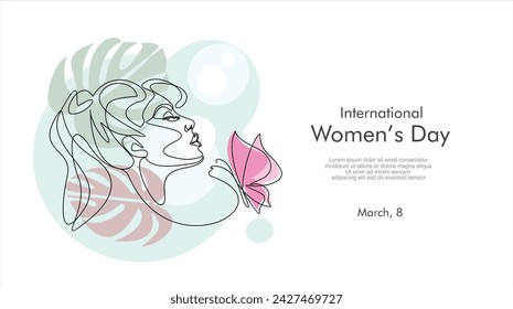 International women's day greeting card. Woman face with butterfly in one continuous line drawing. Abstract female portrait in simple linear style. Doodle Vector illustration for 8 march