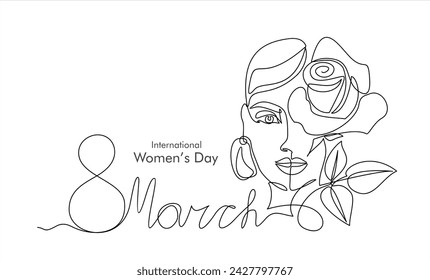 International Women's Day greeting card. Illustration with one line woman face, rose flower and leaves. Women empowerment. Vector illustration.	