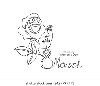 International Women's Day greeting card. Illustration with one line woman face, rose flower and leaves. Women empowerment. Vector illustration.	