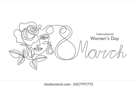 8 March - International Women's Day banner in continuous line art drawing.  Hand drawn feminism minimalistic modern art. Girl power 'We Can Do it!'  concept. Abstract minimal linear woman portrait. Stock Vector |