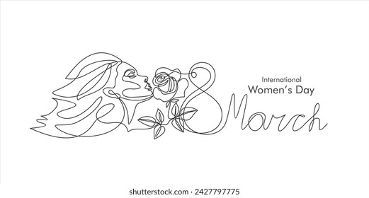International Women's Day greeting card. Illustration with one line woman face, rose flower and leaves. Women empowerment. Vector illustration.	