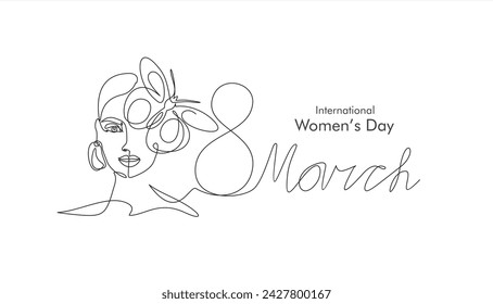 Tarjeta de felicitación del Día Internacional de la Mujer. Cara de mujer con mariposa en un dibujo de línea continua. Retrato femenino abstracto en estilo lineal simple. Doodle ilustración vectorial para 8 marzo	
