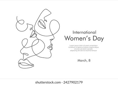 International women's day greeting card. Women faces in one continuous line drawing. Abstract female portrait in simple linear style. Vector illustration for 8 march	