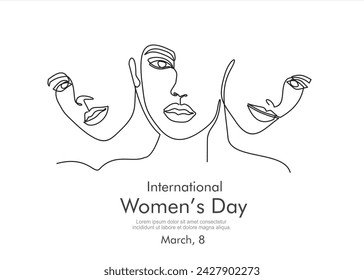 International women's day greeting card. Women faces in one continuous line drawing. Abstract female portrait in simple linear style. Vector illustration for 8 march	
