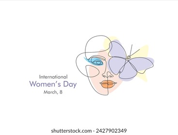 International women's day greeting card. Woman face with butterfly in one continuous line drawing. Abstract female portrait in simple linear style. Doodle Vector illustration for 8 march