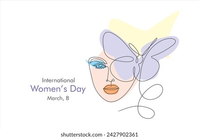 International women's day greeting card. Woman face with butterfly in one continuous line drawing. Abstract female portrait in simple linear style. Doodle Vector illustration for 8 march