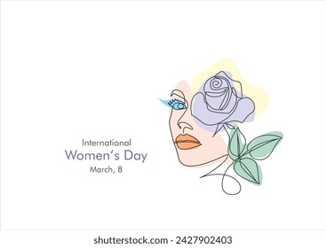 International Women's Day greeting card. Illustration with one line woman face, rose flower and leaves. Women empowerment. Vector illustration.	
