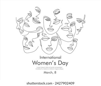 International women's day greeting card. Women faces in one continuous line drawing. Abstract female portrait in simple linear style. Vector illustration for 8 march	