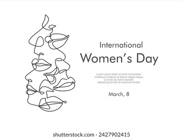 International women's day greeting card. Women faces in one continuous line drawing. Abstract female portrait in simple linear style. Vector illustration for 8 march	