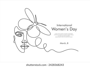 International women's day greeting card. Woman face with butterfly in one continuous line drawing. Abstract female portrait in simple linear style. Doodle Vector illustration for 8 march