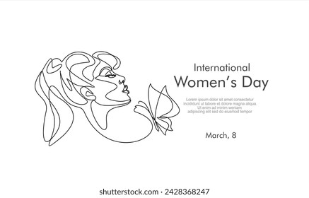 International women's day greeting card. Woman face with butterfly in one continuous line drawing. Abstract female portrait in simple linear style. Doodle Vector illustration for 8 march