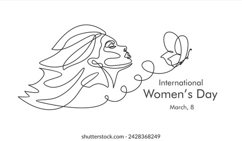 International women's day greeting card. Woman face with butterfly in one continuous line drawing. Abstract female portrait in simple linear style. Doodle Vector illustration for 8 march