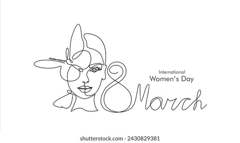 International women's day greeting card. Woman face with butterfly in one continuous line drawing. Abstract female portrait in simple linear style. Doodle Vector illustration for 8 march	