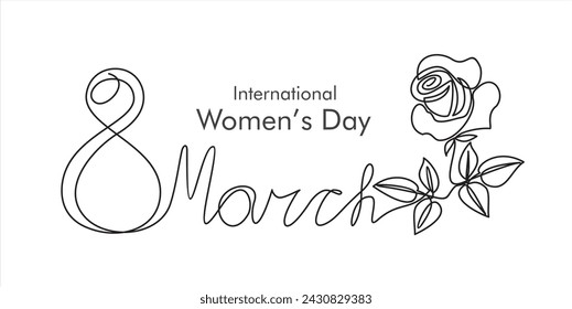 International Women's Day greeting card. Illustration with inscription "March 8", rose flower and leaves. Women empowerment. Vector illustration.	