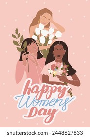 International Women's Day greeting card. Abstract woman portrait different nationalities with flowers. Girl power, struggle for equality, feminism, sisterhood concept. Vector illustration.