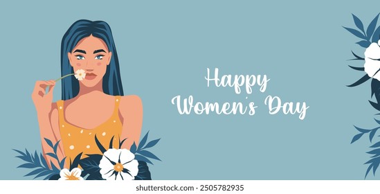 International Women's Day greeting card. Vector holiday card with banner March 8, woman in flowers. Feminism concept, women empowerment, gender equality