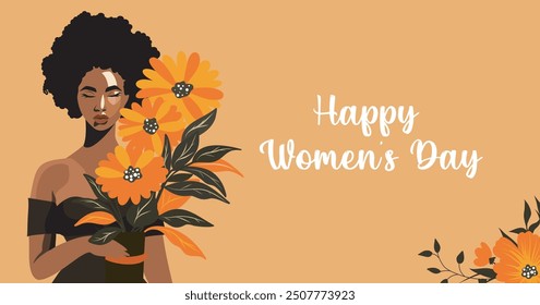 International Women's Day greeting card. Vector holiday card with banner March 8, African American woman in flowers. Feminism concept, women empowerment, gender equality