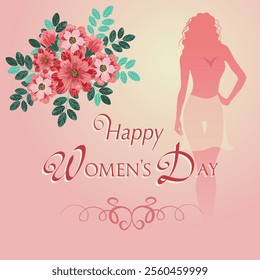 International Women's Day greeting card on a pink background with a bouquet of flowers and a woman's silhouette