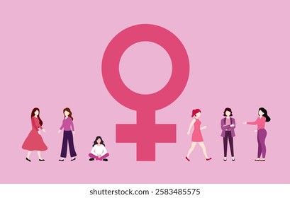 International Women's Day greeting card vector illustration. Six women with female gender sign on pink background. Girl power. Feminist.