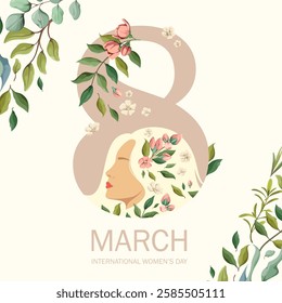 International Women's Day. A greeting card with a beautiful woman and flowers. March 8th. Vector illustration.
