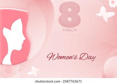 International Women's Day greeting card with elegant design. Woman silhouette, butterfly and number 8 in pink and white.