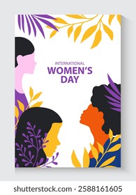 International Women's Day greeting card banner or poster concept.modern flat and colorful illustration of a silhouette of a female with leaves. set of collection International Women's Day background.