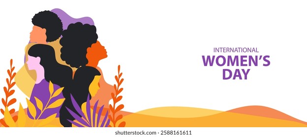 International Women's Day greeting card banner or poster concept.modern flat and colorful illustration of a silhouette of a female with leaves. set of collection International Women's Day background.