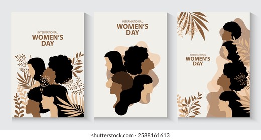 International Women's Day greeting card banner or poster concept.modern flat and colorful illustration of a silhouette of a female with leaves. set of collection International Women's Day background.