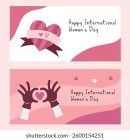 International Women's Day greeting card collection. 8 March posters design with lettering, ribbon, hands, hearts and decorative elements on pink. Template for print, postcard, social media, promo.