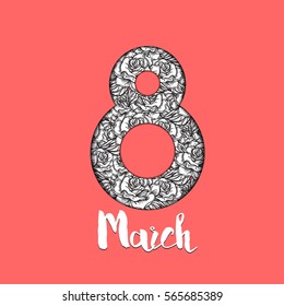 International Women's Day greeting card template with rose. 8 March Poster design for print, web, fabric, celebration. Vector