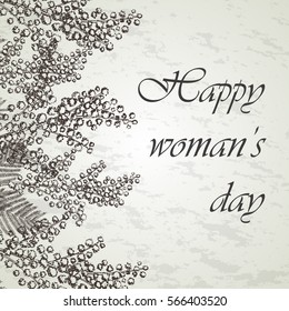 International Women's Day greeting card or invitation retro vintage design. Vector background with hand drawn Silver Wattle tree - Mimosa sketch. 8 March