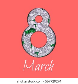 International Women's Day greeting card template with rose. 8 March Poster design for print, web, fabric, celebration. Vector