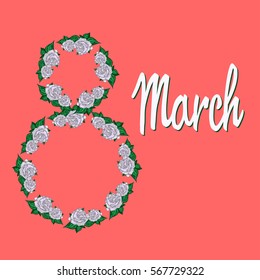 International Women's Day greeting card template with rose. 8 March Poster design for print, web, fabric, celebration. Vector