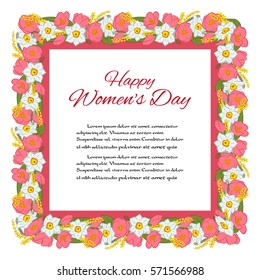 International Women's Day greeting card. Mimosa flowers, tulip, narcissus in the form of a square. Sample greeting text. Vector illustration. Usable for design of card, invitation, poster.