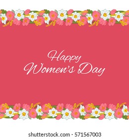 International Women's Day greeting card. Mimosa flowers, tulip, narcissus border. Sample greeting text. Vector illustration. Usable for design of card, invitation, poster.