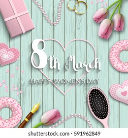 International Women's Day greeting card, romantic motive with pink objects and flowers on blue wooden background, inspired by flat lay style, vector illustration, eps 10 with transparency and gradient
