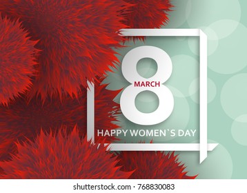 International Womens Day greeting card. 8 March template with pompoms, bokeh and square frame. Vector illustration