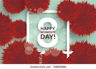 International Womens Day greeting card. 8 March template with pompoms, bokeh and square frame. Vector illustration