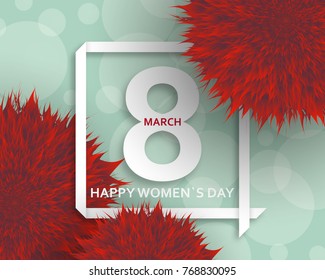 International Womens Day greeting card. 8 March template with pompoms, bokeh and square frame. Vector illustration