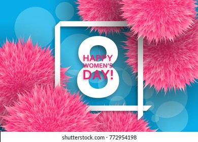 International Womens Day greeting card. 8 March template with pink pompoms, bokeh and square frame. Vector illustration