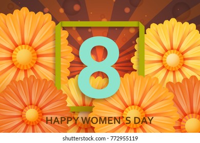 International Womens Day greeting card. 8 March template with daisy, bokeh and square frame. Comic sun rays background. Vector illustration