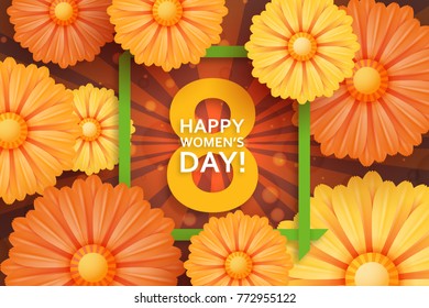 International Womens Day greeting card. 8 March template with daisy, bokeh and square frame. Comic sun rays background. Vector illustration