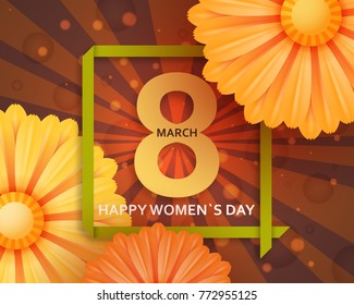 International Womens Day greeting card. 8 March template with daisy, bokeh and square frame. Comic sun rays background. Vector illustration