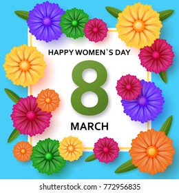 International Womens Day greeting card. 8 March template with bright flowers. Vector illustration