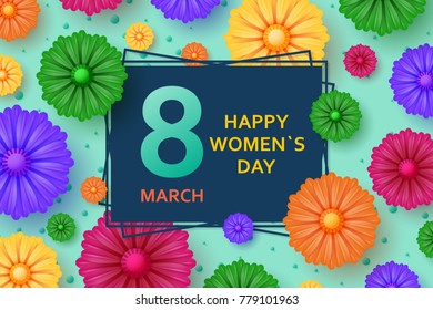 International Womens Day greeting card. 8 March template with bright flowers. Vector illustration