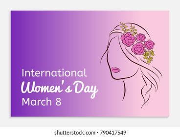 International Women's Day greeting card. Silhouette of a beautiful girl in a rim with flowers on her head. Fashionable ultra violet gradient background. Vector illustration