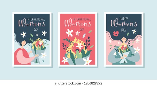 International Women's Day greeting cards with woman, flowers and handwritten calligraphy text.