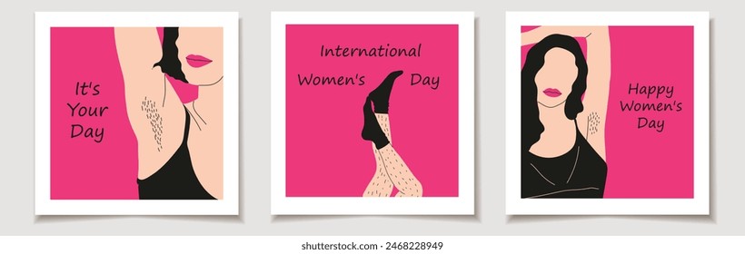 International Women's Day greeting cards set featuring hand-drawn illustrations of female unshaved hairy legs and armpit hair. Posters celebrating body positivity.