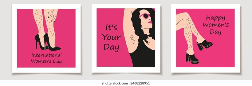 Conjunto de tarjetas de felicitación del Día Internacional de la Mujer con ilustraciones dibujadas a mano de piernas peludas sin afeitar y pelo de la axila. Afiches celebrando la positividad corporal.