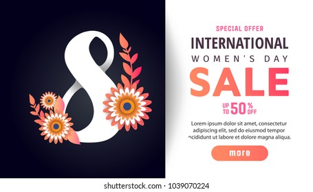 International women's day greeting  poster. Illustration with origami chamomile on a dark background. 